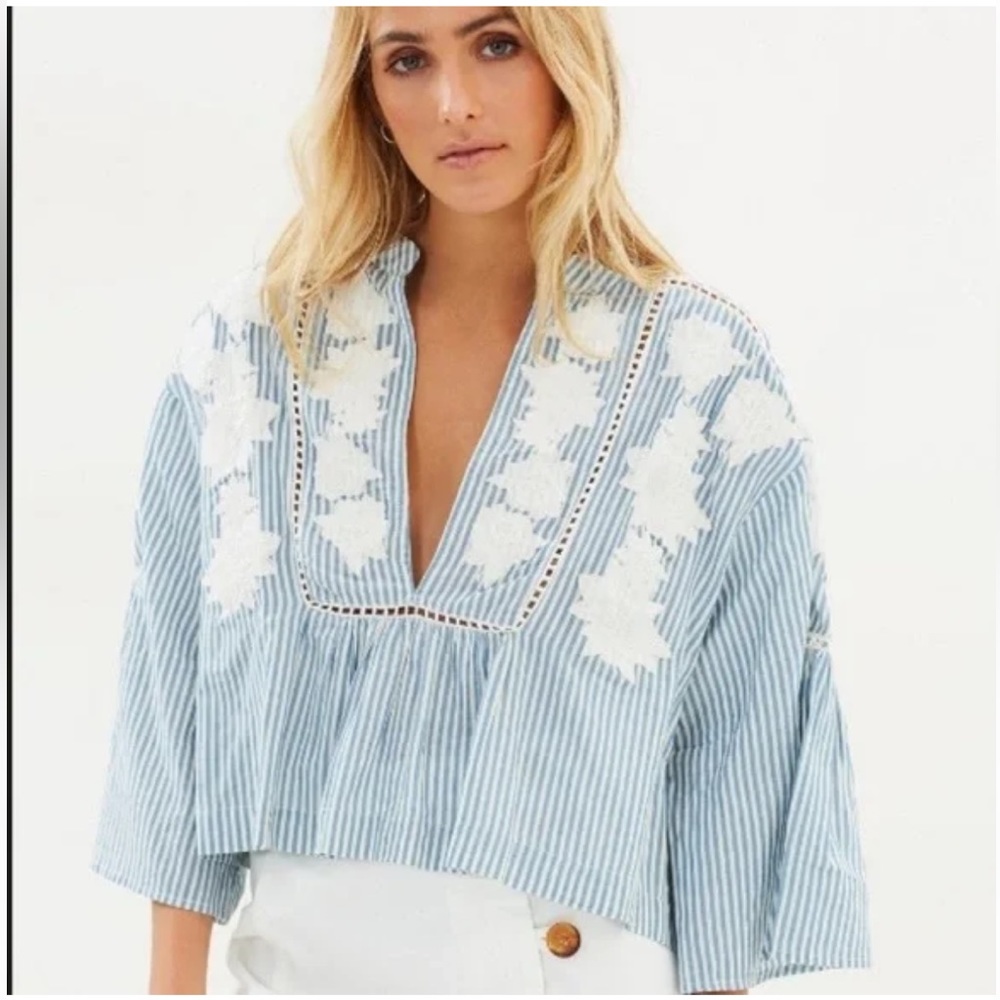 Free People White Blue Stripe Floral Top/Blouse
